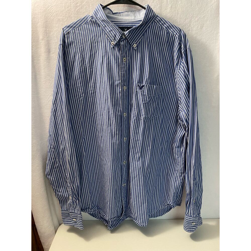 American Eagle Mens Shirt Classic fit XL Blue Stripes Button Eagle Logo Preppy